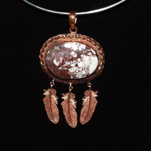 Horse Jasper Copper Pendant w/ Copper Feathers  NWOT